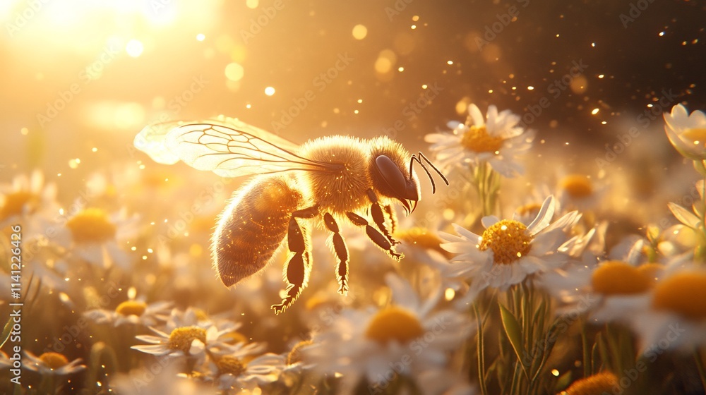 Golden Hour Bee: A honeybee gracefully hovers above a field of daisies, bathed in the warm glow of the setting sun. Golden Hour Bee: A honeybee gracefully hovers above a field of daisies, bathed in the warm glow of the setting sun.