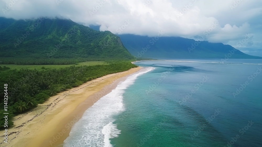 Tropical Beach Scene With Lush Green Mountains and Ocean Waves Tropical Beach Scene With Lush Green Mountains and Ocean Waves
