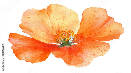 Fototapeta Naklejka Na Ścianę i Meble -  vibrant orange watercolor flower with delicate petals and green center