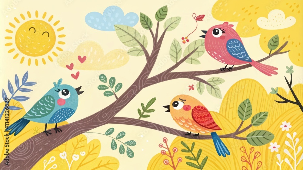 Colorful birds perched on a whimsical tree in sunny nature Colorful birds perched on a whimsical tree in sunny nature