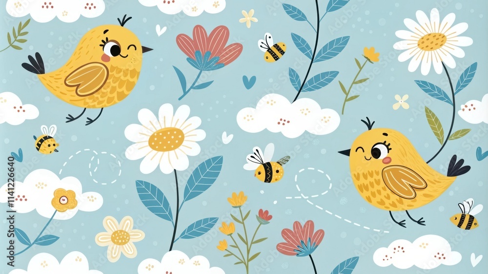 Obraz premium Whimsical birds and flowers in a cheerful spring scene