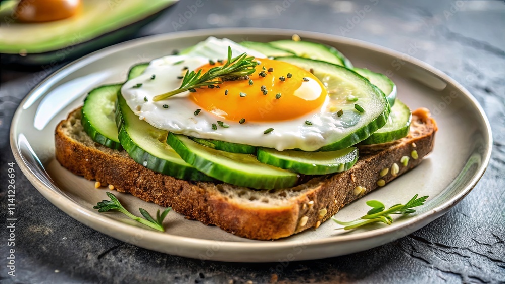 Delicious fried egg and cucumber open-faced sandwich on whole-grain bread Delicious fried egg and cucumber open-faced sandwich on whole-grain bread