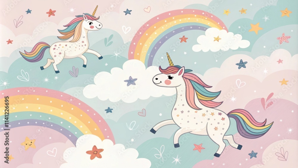 Obraz premium Whimsical unicorns frolicking among rainbows and clouds