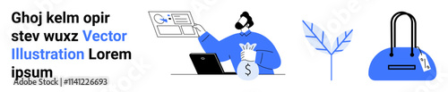 Man holding a money bag while analyzing data on screen, blue plant growth symbolizing investment, and blue travel bag. Ideal for finance, savings, investment strategies, economic growth, travel