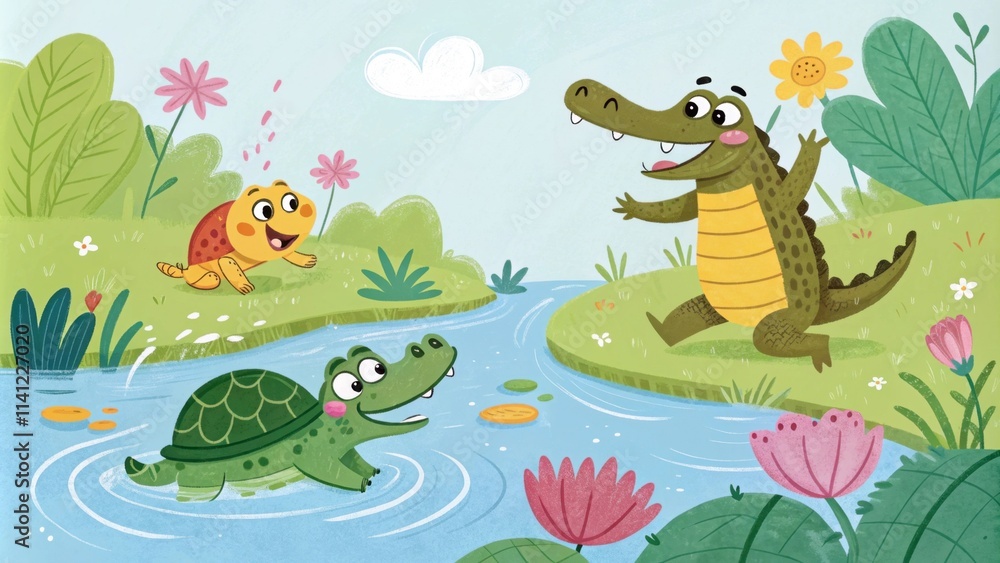 Obraz premium Playful cartoon animals by a cheerful riverbank