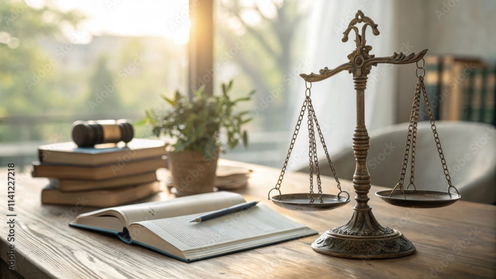 Legal scales on a desk with books and a notebook in sunlight Legal scales on a desk with books and a notebook in sunlight