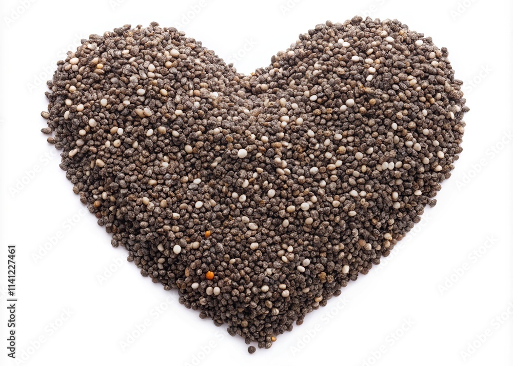 Chia Seed Heart Macro Photography, Isolated on White Chia Seed Heart Macro Photography, Isolated on White