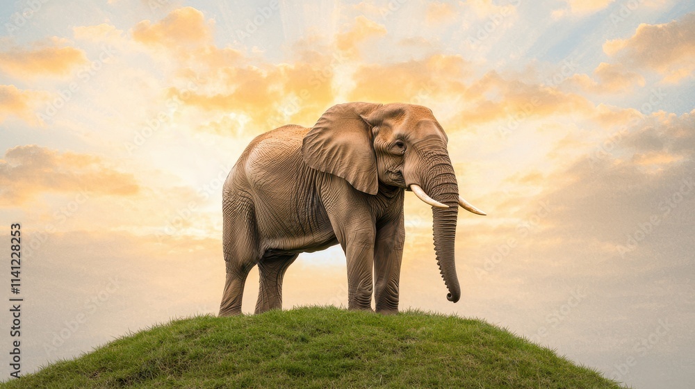 Fototapeta premium Protective Elephant Concept, Majestic Elephant Standing Proudly on Grassy Hill Under a Beautiful Sky at Sunrise or Sunset
