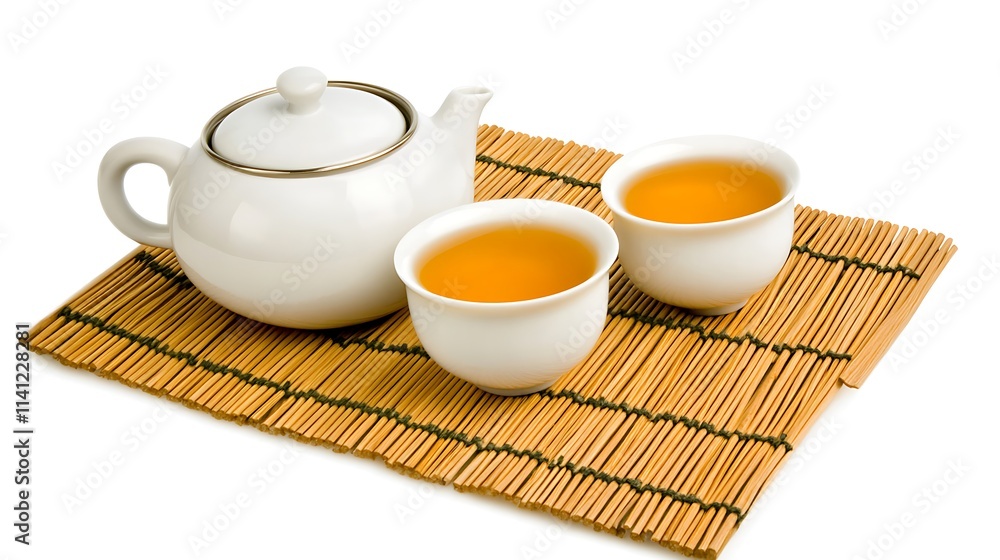 Elegant White Teapot and Cups on Bamboo Mat for Tea Ceremony Elegant White Teapot and Cups on Bamboo Mat for Tea Ceremony