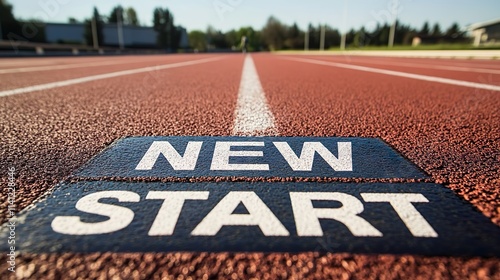 New Start concept on running track. Ideal for themes of motivation, success, and planning.