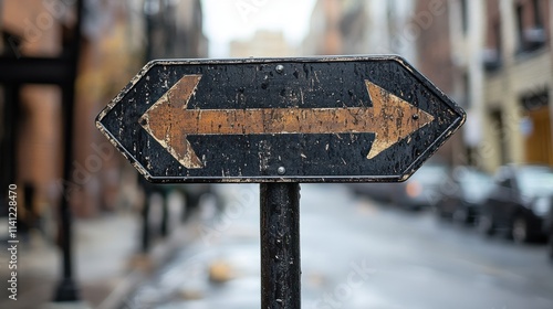 Weathered double arrow sign indicating two directions on a city street.