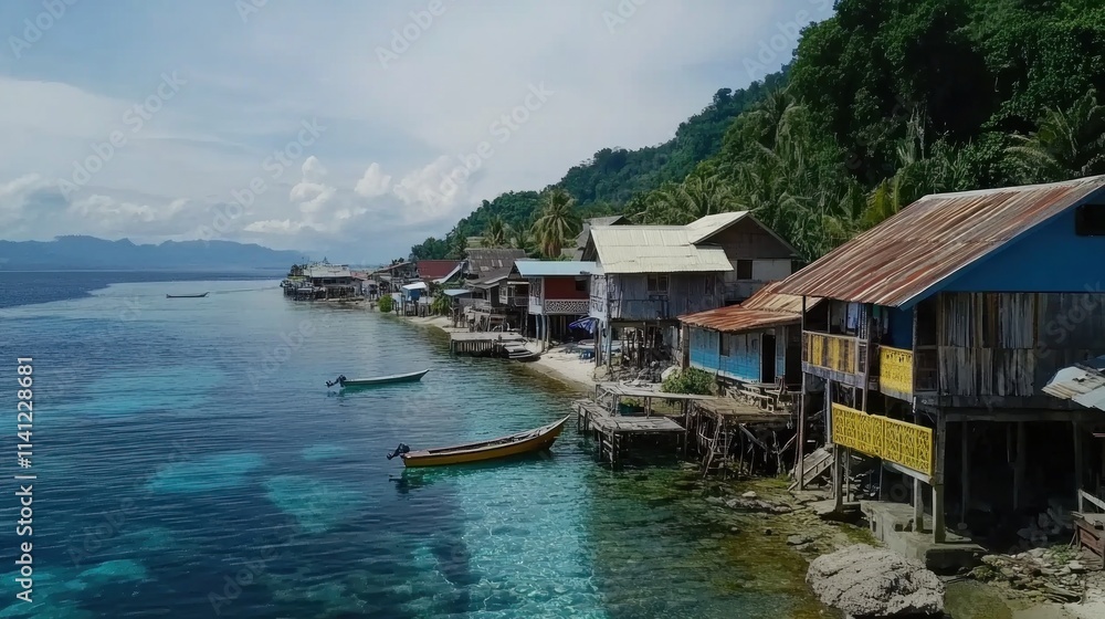 Naklejka premium Coastal Village Houses by the Turquoise Water