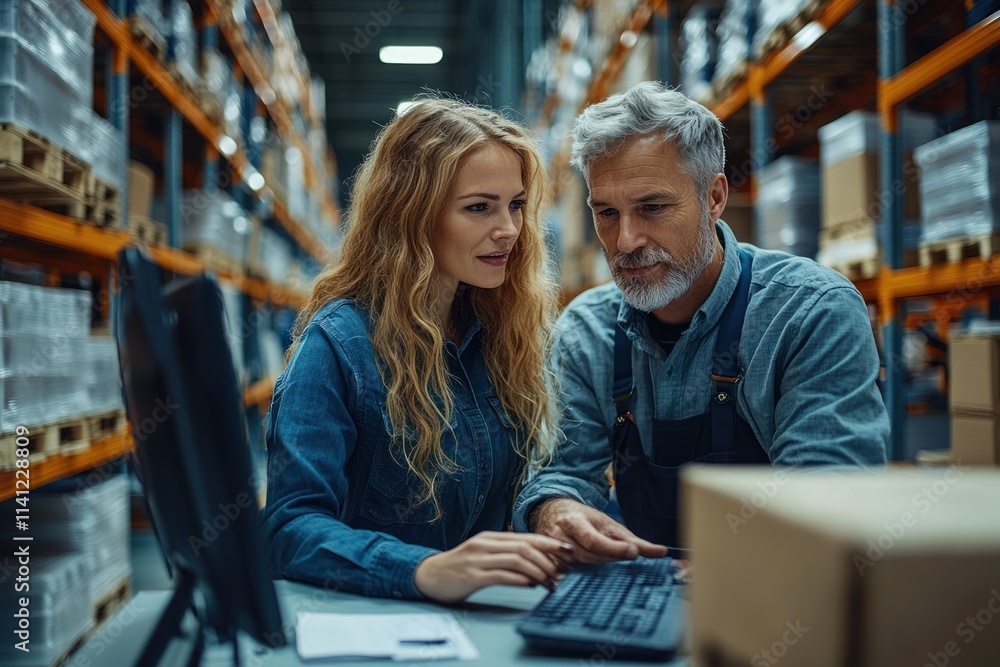 Engineer and Project Manager Discussing Production Data in Modern Factory Environment Engineer and Project Manager Discussing Production Data in Modern Factory Environment