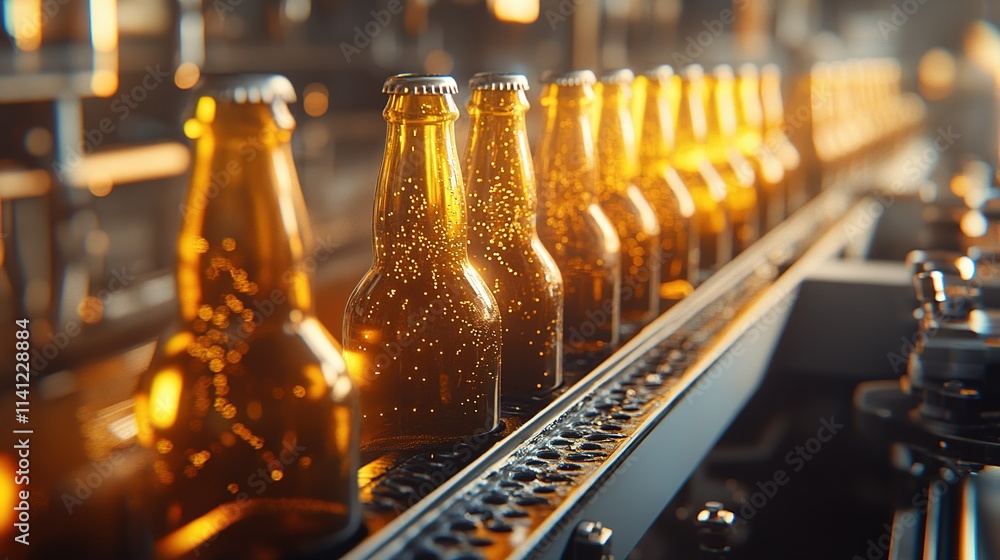 Unlabelled beer bottles on a conveyor belt Unlabelled beer bottles on a conveyor belt