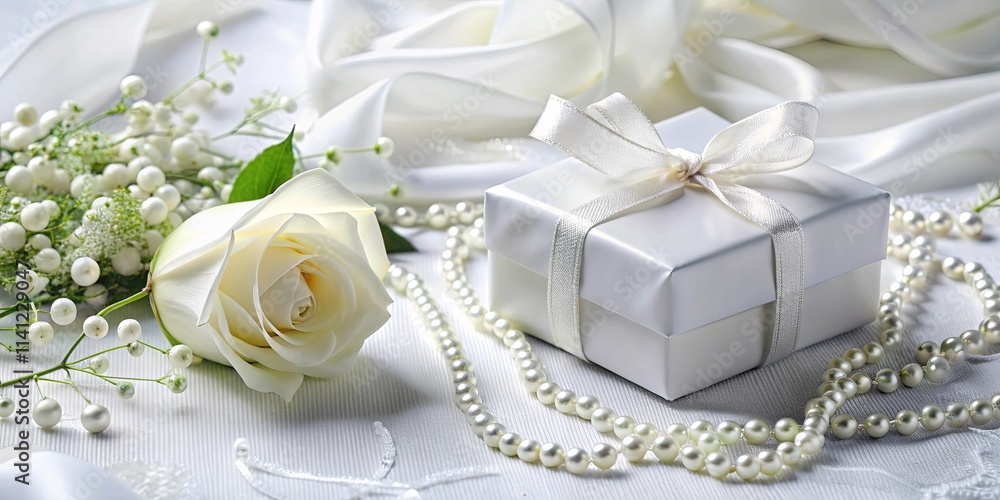Elegant white gift box with pearl necklace and rose Elegant white gift box with pearl necklace and rose