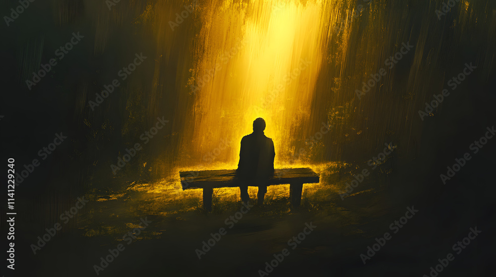 A figure sitting on a wooden bench, their head tilted back as golden light breaks through the surrounding darkness A figure sitting on a wooden bench, their head tilted back as golden light breaks through the surrounding darkness