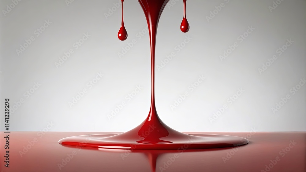 Crimson Liquid Stream and Droplets on a Reflective Surface Crimson Liquid Stream and Droplets on a Reflective Surface