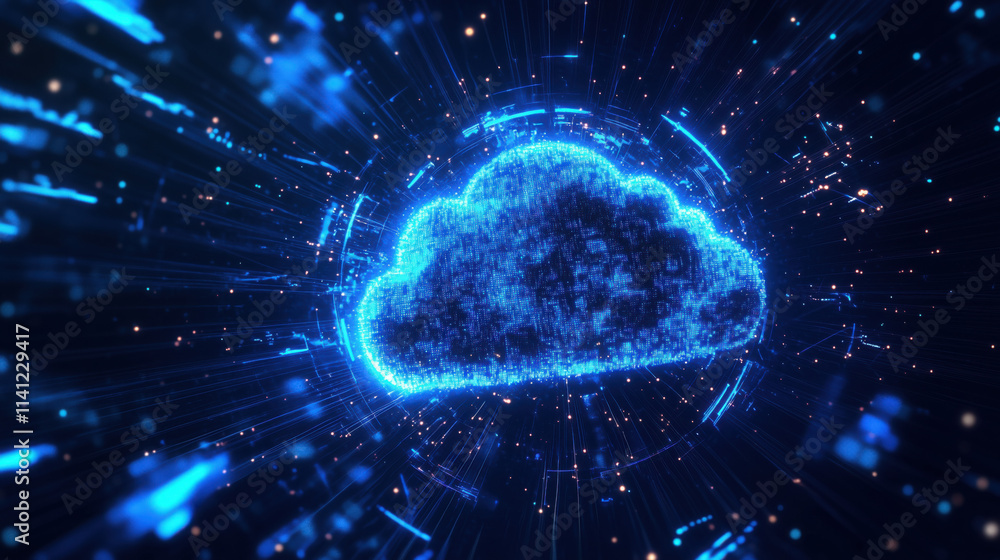 Obraz premium Cybersecurity Cloud Concept with Glowing Cloud Icon and Digital Data