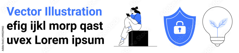 Young woman sitting and using smartphone, blue security shield with lock symbol, lightbulb with sprouting plant. Ideal for technology, security, innovation, online protection, mobile use, modern Young woman sitting and using smartphone, blue security shield with lock symbol, lightbulb with sprouting plant. Ideal for technology, security, innovation, online protection, mobile use, modern