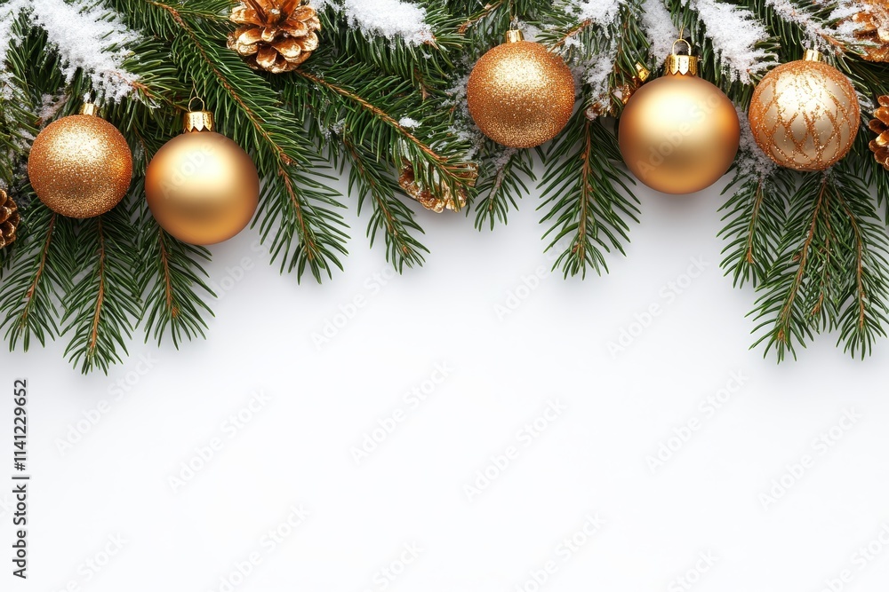 Elegant Christmas Background with Golden Ornaments, Snowy Pine Branches, and Pine Cones Perfect for Holiday and Festive Celebrations, Winter Decor and Creative Designs Elegant Christmas Background with Golden Ornaments, Snowy Pine Branches, and Pine Cones Perfect for Holiday and Festive Celebrations, Winter Decor and Creative Designs