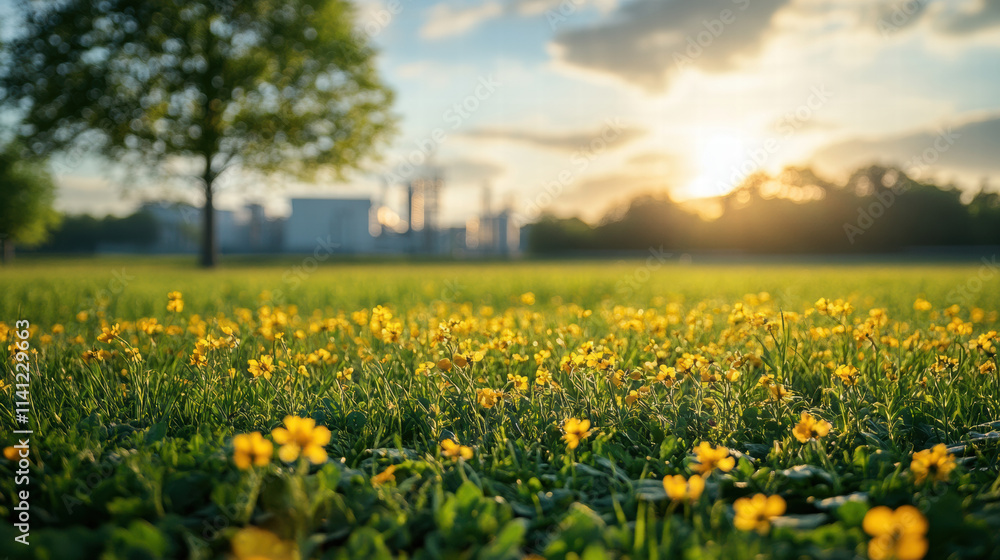 Obraz premium serene landscape with yellow flowers and sustainable manufacturing facility in distance