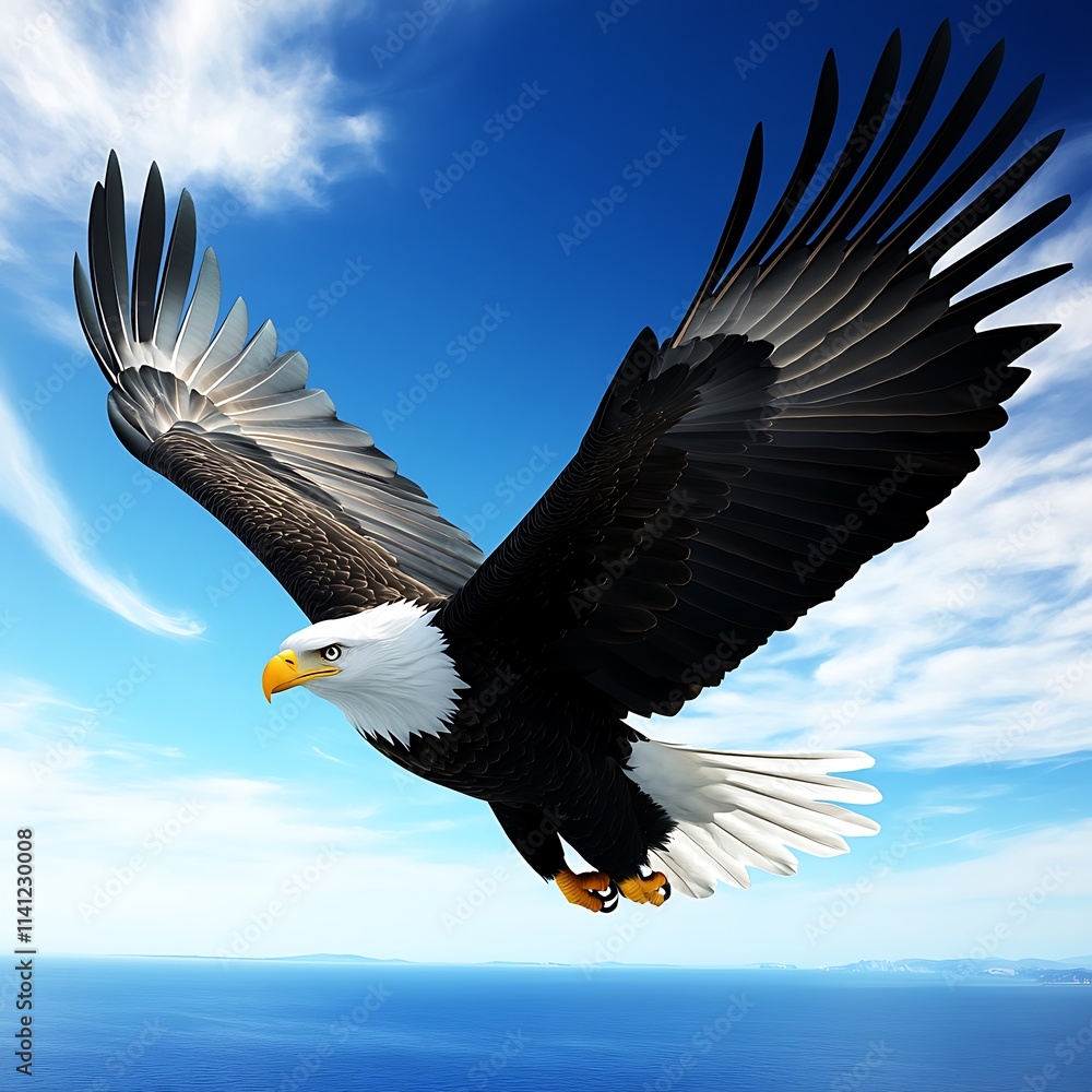 Fototapeta premium Majestic Bald Eagle Soaring Against a Clear Blue Sky