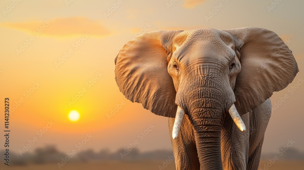 Obraz premium Protective Elephant Concept, Majestic Elephant Standing Under Glowing Sunset with Warm Tones and Tranquil Atmosphere