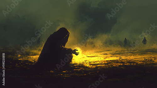 A person kneeling in a barren field, their hands glowing faintly as shadowy figures linger at the edges photo