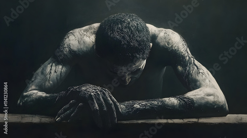 A man leaning over a table, his face buried in his hands, shadowy veins creeping up his arms