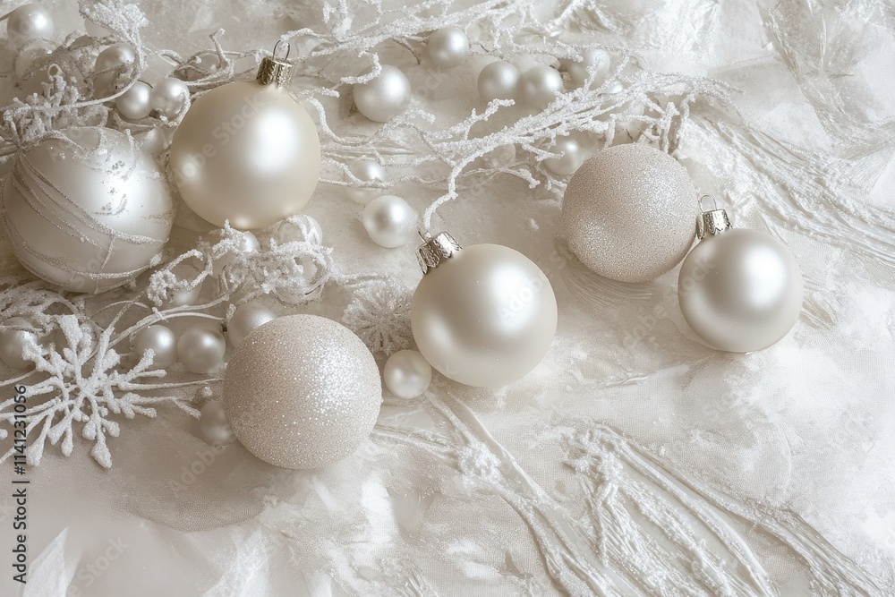 Elegant White Christmas Ornaments and Pearls on a Soft Textured Background for Holiday Decor and Seasonal Celebrations Elegant White Christmas Ornaments and Pearls on a Soft Textured Background for Holiday Decor and Seasonal Celebrations