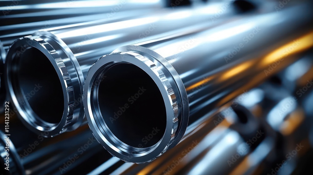 Naklejka premium Close-Up Metallic Pipes with Reflective Surfaces in Modern Industrial Setting