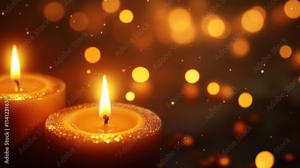 Two Burning Candles with Golden Bokeh Background Two Burning Candles with Golden Bokeh Background