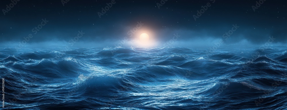 Fototapeta premium Dark Blue Abstract Swirling Waters Moonlight Glow Minimalist Design Banner Poster