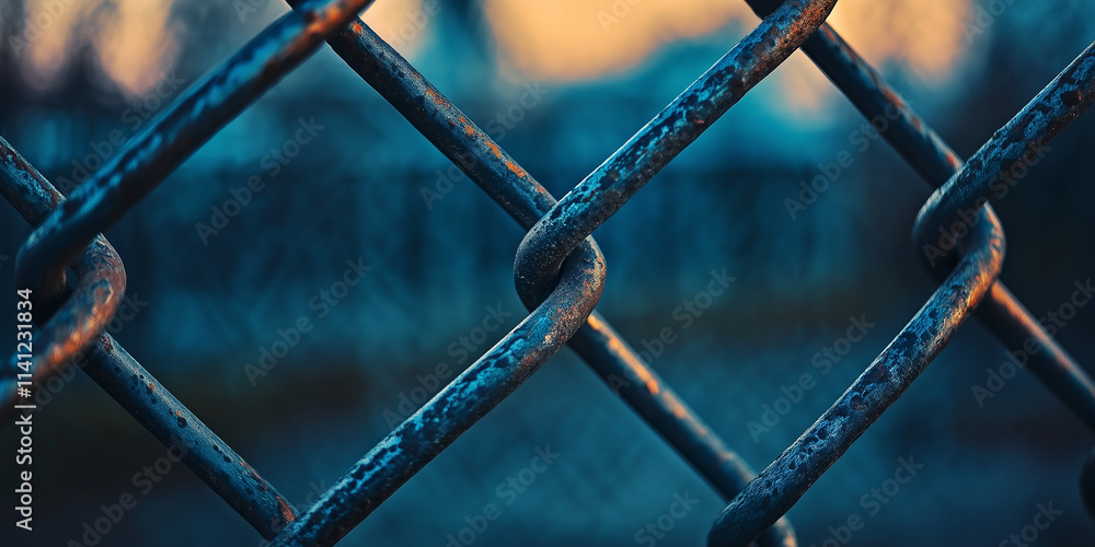 Close up of rusted chain link fence creating diamond pattern