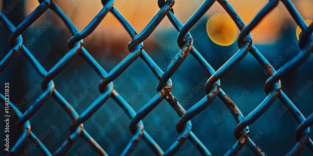 Fototapeta premium Close up of metal mesh wire fence during golden hour