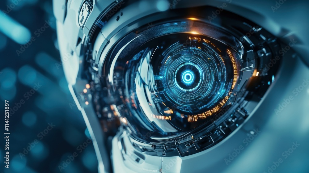 A tightly framed shot of a smart robots eye camera scanning documents and extracting information showcasing AIs role in auto data collection processes. A tightly framed shot of a smart robots eye camera scanning documents and extracting information showcasing AIs role in auto data collection processes.