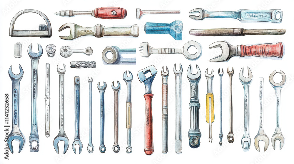 A diverse assortment of hand tools for mechanics, rendered in soft watercolor-like style with futuristic metallic gradients, perfectly outlined and placed against pure white background, no shadows, vi A diverse assortment of hand tools for mechanics, rendered in soft watercolor-like style with futuristic metallic gradients, perfectly outlined and placed against pure white background, no shadows, vi
