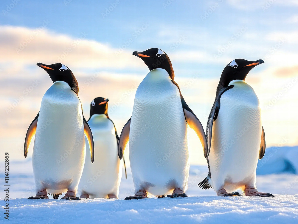 Obraz premium Climate change, wildlife crisis. Four penguins standing on snow with a scenic background of sky and clouds.
