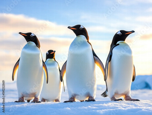 Climate change, wildlife crisis. Four penguins standing on snow with a scenic background of sky and clouds. photo