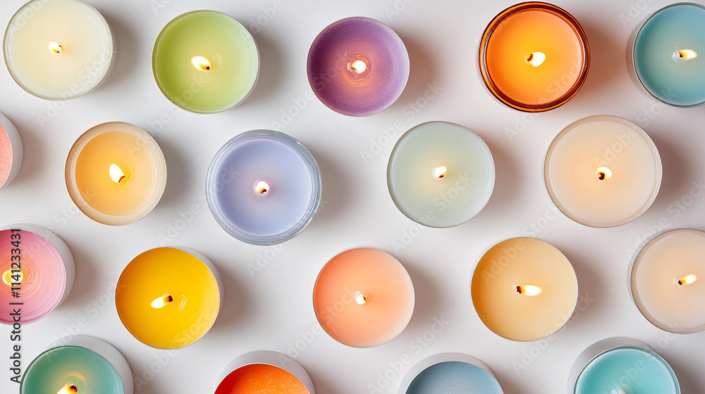 colorful tealight candles arranged in a circular pattern on a white surface