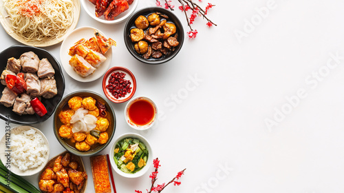 delicious chinese food arranged in a colorful  flatlay on a white background with chopsticks  for a festive asian dinner party
