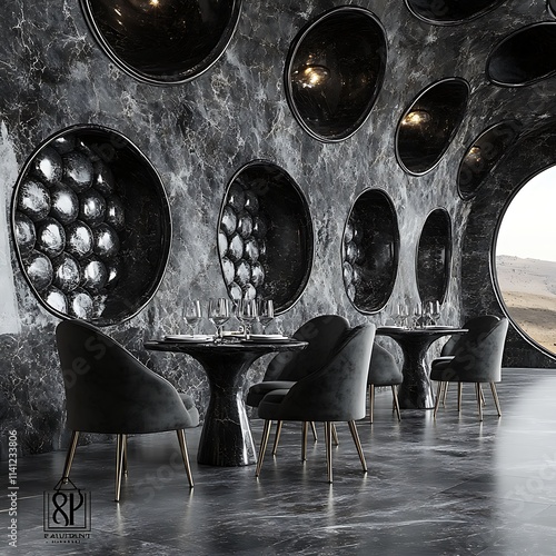 A simply appointed dining area hosting a single table at its heart, its chairs arranged thoughtfully around it. The room’s palette, subdued and warm, invites stillness. Natural light reveals  photo