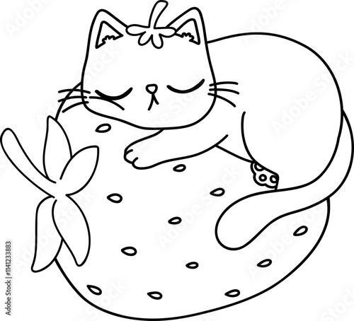 Retro Groovy Strawberry Cat sleeping doodle outline photo