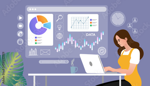 Data analysis vector illustration. A woman uses a laptop to study a dashboard with financial charts, graphs, and business statistics for marketing or trading.