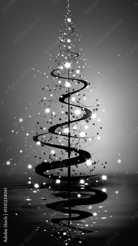 Obraz premium Black and white spiral christmas tree reflecting on water with sparkling stars and twinkling lights