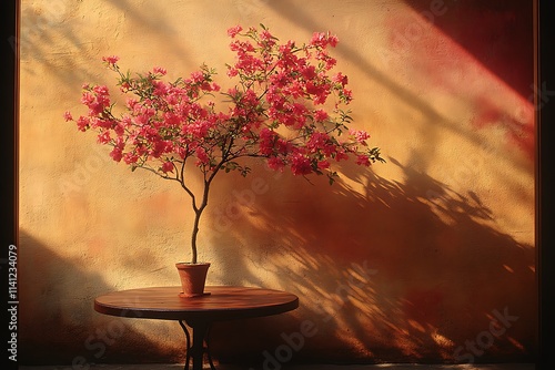 A tranquil dining arrangement offering a table and seating against a backdrop of smooth, understated walls. Soft daylight enhances the natural tones and textures, while empty space grants breathabilit photo