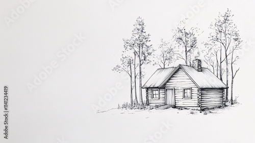 black and white pen sketch of a log cabin in the woods