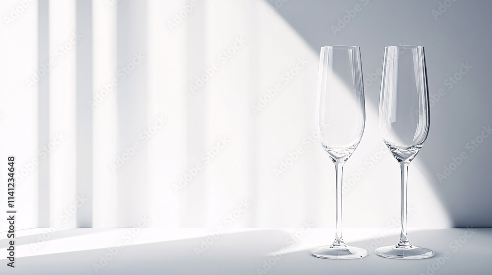 two empty clear champagne glasses on a white surface with shadows two empty clear champagne glasses on a white surface with shadows