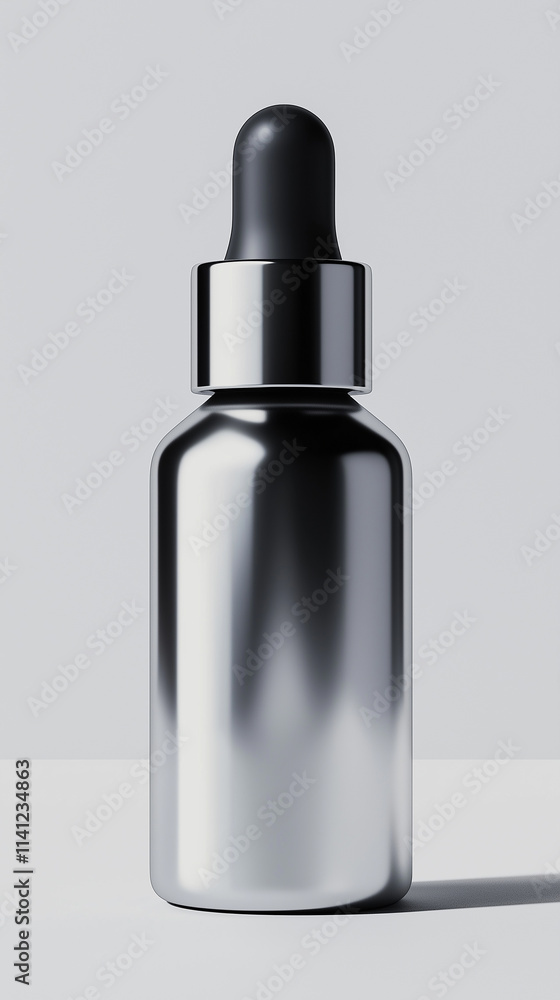 Metallic cosmetic dropper bottle on white background reflecting light Metallic cosmetic dropper bottle on white background reflecting light