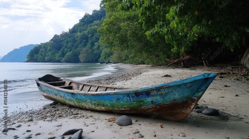 Weathered fishing boat rests on tranquil beach shore Weathered fishing boat rests on tranquil beach shore
